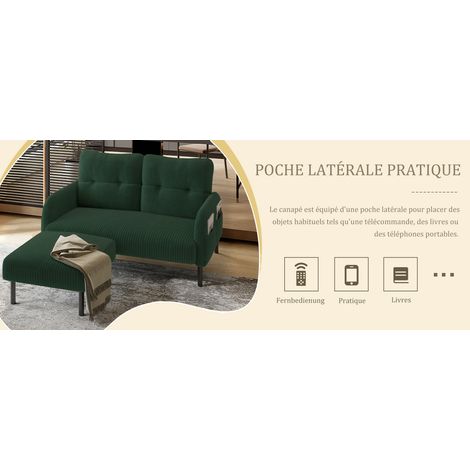 Sofá de 2 plazas 120x75x79 cm de pana verde esmeralda con bolsillo lateral, para lectura – MEUBLIV (1/5)