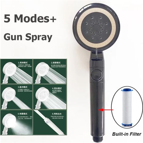 (Douche à main noire) Nouvelle pomme de douche effet pluie réglable à 5 modes, jet supérieur haute pression et grand débit, fixation au plafond, 175 mm, douche de salle de bain Supercharge (1/5)
