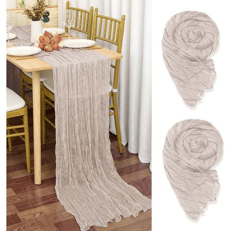 Lot de 2 chemins de table en gaze rustique, 55x300 cm, tons marron-gris et rose-violet clair. (1/5)