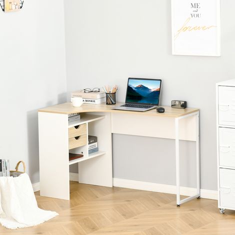 Bureau d'angle en forme de L avec 2 tiroirs, 3 étagères ouvertes, 120 x 60 cm, table de travail en chêne clair pour étudier et travailler, idéal pour chambre ou domicile. (1/5)
