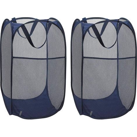 Panier à Linge [Lot de 2] Corbeilles à Linge Pliable Pop Up en Maille Filet Sac à Linge Panier à Linge Pliable avec ManiPôler, Bleu (1/5)