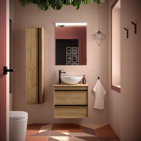 Meubles de salle de bains ATTILA 600 2 tiroirs CHÊNE AFRIQUE + plan vasque (1/2)