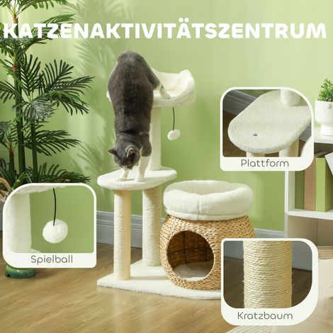 Arbre à chat avec cabane, boule et plateforme, en rotin/sisal, supporte jusqu'à 10 kg, dimensions 60 x 40 x 79 cm, couleur crème
