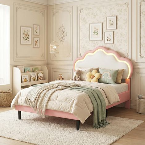 Lit Enfant 90x190 cm, Lit fille - Tête de Lit Nuage avec LED - Sommier à Lattes Inclus, Design Scandinave, Rose (1/5)
