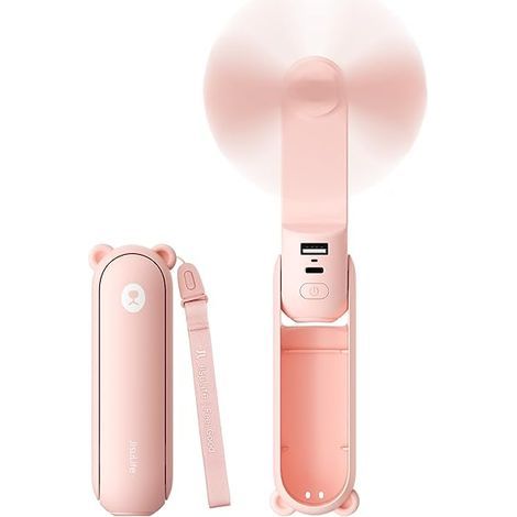 Mini ventilatore 3 in 1 con power bank e luce, ricaricabile tramite USB, autonomia della batteria di 19 ore, ideale per viaggi e per l'applicazione del trucco, rosa (1/5)