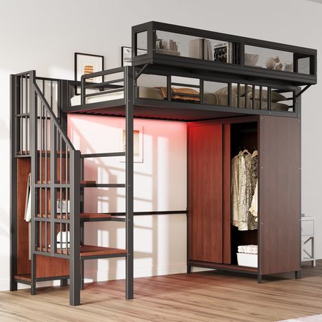lit chambre rangement mezzanine 90x200 métal bois noir HAVRYA (1/5)