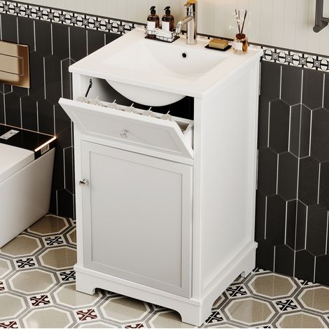 Mueble de baño con lavabo integrado de cerámica, MDF lacado blanco, 51x46x87 cm, 1 cajón y puerta (1/5)