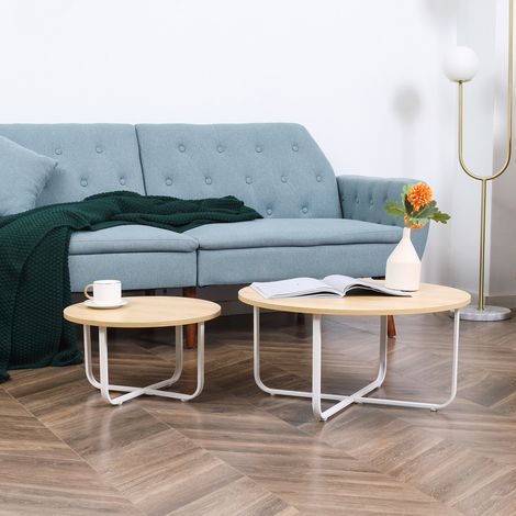 Ensemble Tables Basses Ø65x32 Ø45x26 Plateau Pieds Bois Métal Naturel Blanc