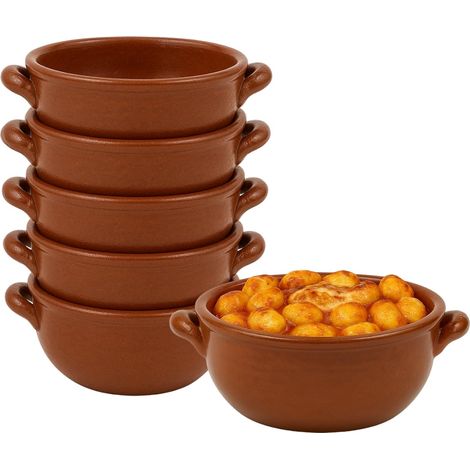 6 Tegamini in coccio monoporzione con maniglie Mis. 14x6 cm - Ciotole in terracotta adatti alla cottura in forno di Gnocchi, Zuppe, Parmigiana e Pasta (1/5)