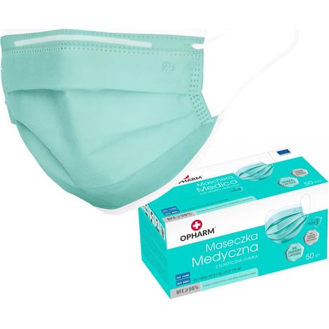 Mascarilla quirúrgica turquesa con banda elástica tipo IIR Opharm 50 uds (1/5)