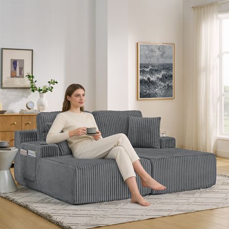 Canapé convertible 2 places, méridienne inclinable, étoffe velours côtelé moelleux, rangements latéraux pour revues, support de boisson et coussin inclus, parfait pour séjour, gaming, bureau, chambre (1/5)