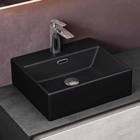 doporro Lavabo da Appoggio in Ceramica Rettangolare Lavandino Bagno Sospeso con Foro Rubinetto e Troppopieno 41x36x13cm Nero opaco Lavello con Rivestimento Nano Design Moderno Brüssel206
