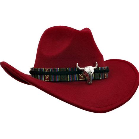 Chapeau de cowboy unisexe à large bord style western - Tête de taureau en métal (1/5)