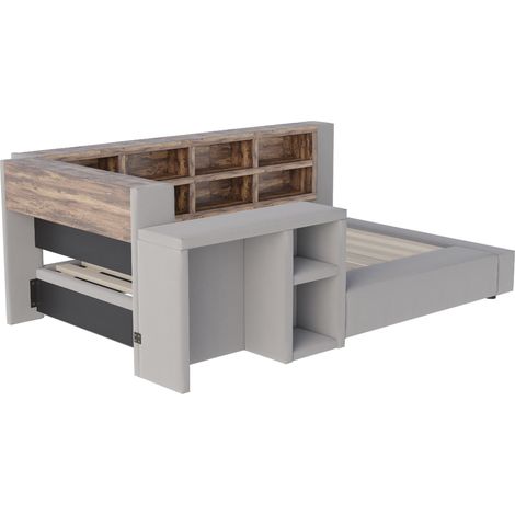 Cama tapizada 90 x 200 cm con almacenaje, LED, enchufes integrados y mesa auxiliar, gris oscuro (1/5)