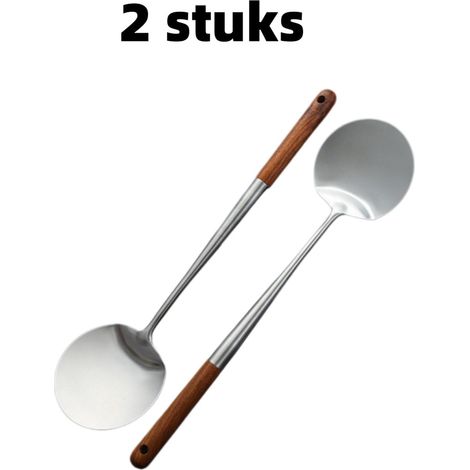 2-Keukengerei - delige wokspatel - Pannenkoekenspatel - Wokspatel met lange steel - Rond en plat, roestvrij staal - Geschikt als keukengereedschap - Zilverkleurig (1/5)