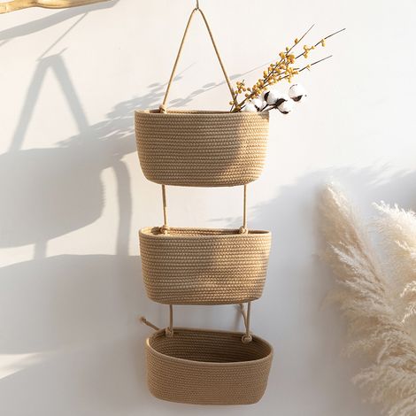 Ineasicer – Panier suspendu à 3 niveaux en coton tissé – Dimensions 38x18x9 cm – Charge max 10 kg – Pour rangement chambre enfants et salle de bain (1/4)