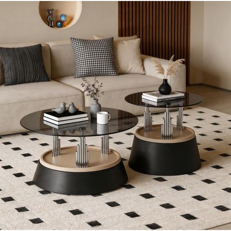 Set aus 2 schwarzen Couchtischen mit Tischplatte aus gehärtetem Glas und Metallgestell (1/5)