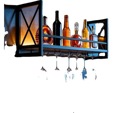 Botellero de pared, capacidad para 10 botellas, espacio para 10-12 copas, 61x20x26 cm, hasta 20 kg (44 lbs), acabado negro. (1/5)