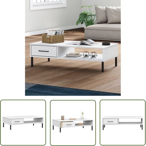 The Living Store Table basse avec pieds en métal Blanc Bois pin massif OSLO - Table Basse - Meuble TV - Table D'appoint - Table Design - Table Bois (1/5)