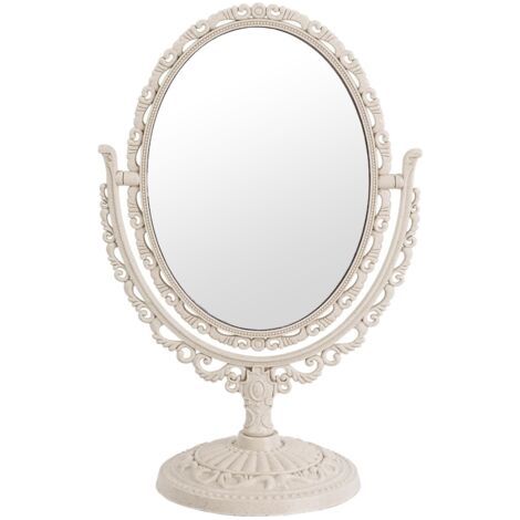 QORVA-Miroir de courtoisie vintage style shabby chic  Miroir de maquillage double face rotatif à 360° avec support pour décoration de chambre