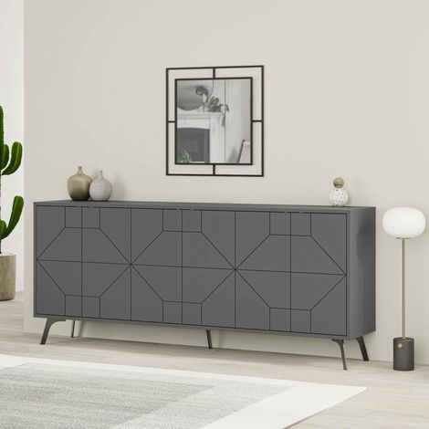 Credenza Earl, Aparador 6 Estantes, 12 Espacios, 6 Puertas, 184x35x77h cm Negro Antracita (1/4)