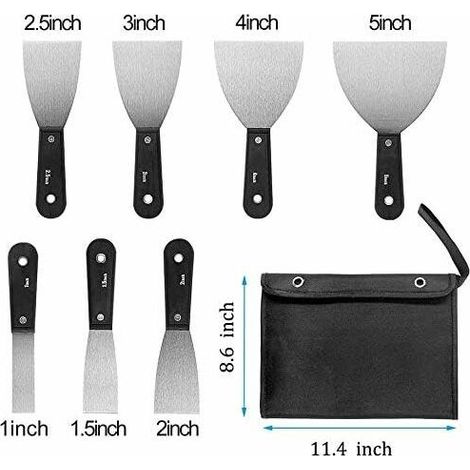 Couteaux à enduire en acier – Lot de 7 spatules avec sac de rangement – Dimensions de 2,5 à 12,7 cm – Pour cloisons sèches et mastic (1/4)