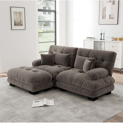 Sofagarnitur aus Chenille, braun, modular mit beweglichen Ottomans, breiten Armlehnen sowie Deko- und Lendenkissen (1/5)