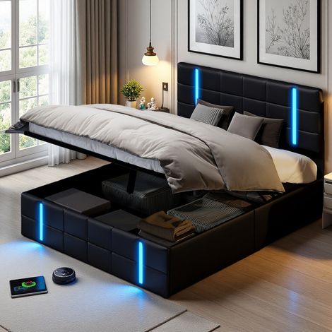 Lit Coffre 140x200 cm, Cadre de Lit Adulte avec Tête de Lit LED RGB et Prises USB, Sommier à Lattes, Rangement Élevateur, PU, Noir (1/5)