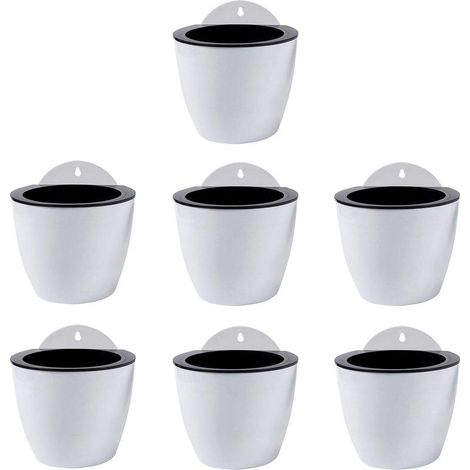 Macetas colgantes con autorriego, juego de 7, decoración de pared, macetas para interior/exterior, plástico blanco, tamaño mediano, 11 cm (1/5)