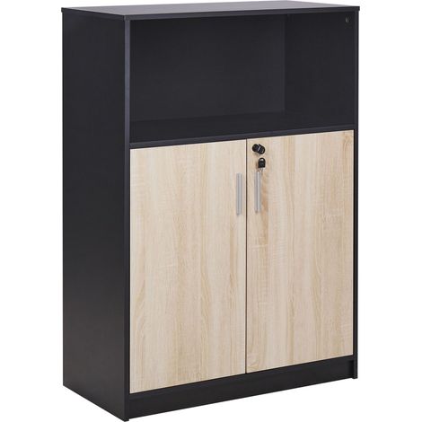 Armadietto moderno con 2 ante e scaffale aperto con chiusura a chiave legno chiaro e nero Zehna