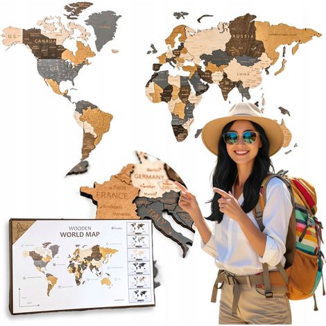 Carte du monde 3D en bois beige-brun 130x72cm Décoration murale Villes (1/5)