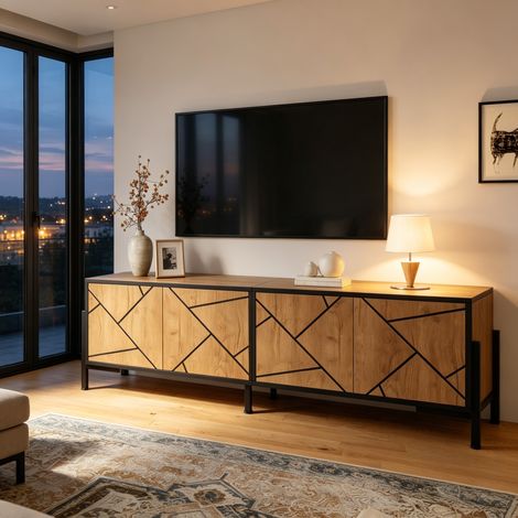 Mueble TV 153 x 40 x 50 cm con 4 puertas, motivo geométrico, natural y negro HAVRYA (1/5)