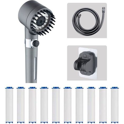 Graues Boost-Filter-Duschkopf-Set, Duschkopf + 4-Punkt-Schlauch + fester Sitz + 10 Filterwatten