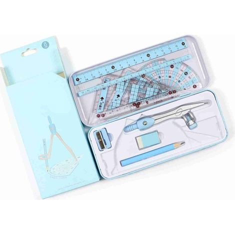 8-teiliges Geometrie-Set für Schüler, inklusive Zirkel, Lineal, Winkelmesser, Bleistift, Radiergummi, Technisches Zeichenset (blau oder rosa) (1/5)