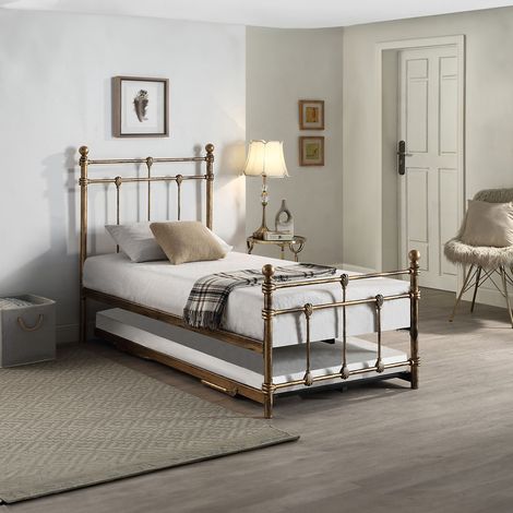 BAYFORD TRADITIONAL SINGLE METAL BED FRAME & GUEST TRUNDLE ANTIQUE BRASS (1/5)
