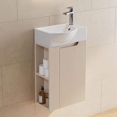 HOROW Meuble vasque 40 cm Blanc chaud avec vasque en céramique – Meuble de salle de bains suspendu avec rangement (1/5)