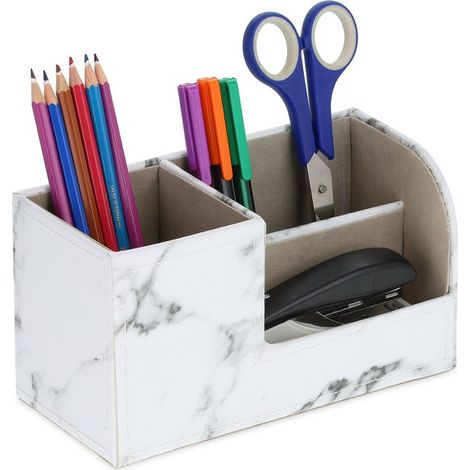 Portapenne con 3 scomparti, 11 x 20 x 9 cm, effetto marmo, organizer da scrivania, bianco (1/5)