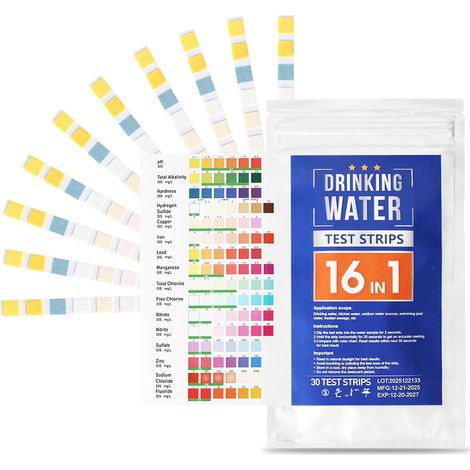16 en 1 Test Eau Potable, 30 PCS Bandelettes de Test pour Eau Potable, Test Ph, Test Eau Aquarium, Plomb, Fer, Cuivre, pour L'Eau du Robinet Domestique, Aquariums, Les Piscines (1/5)