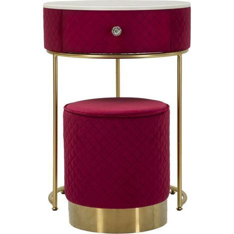 Comodino toletta Vellit rosso con pouf abbinato in velluto matelassé e oro Ø52x70 cm