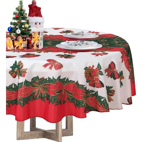 Nappe ronde de Noël, 150 x 150 cm, motif ruban de houx, lavable, infroissable, idéale pour les réunions de famille et les tables de restaurant. (1/5)