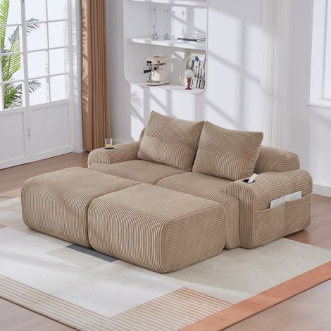 Sofá modular de 2 plazas de terciopelo acanalado (pana) con 2 pufs, portavasos y bolsillo lateral, caqui, 200x174x80 cm (1/5)