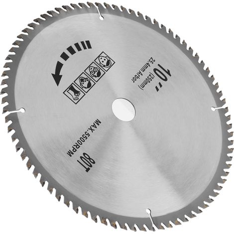Disque de coupe pour scie circulaire 10 x 80 dents, 254 mm, en carbure cémenté, pour le travail du bois. (1/5)