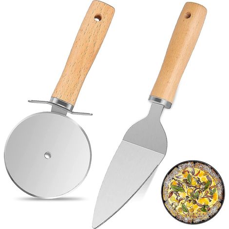 Ensemble de 2 outils à pizza, rouleau à pizza et pelle à pizza avec lame en acier inoxydable et manche en bois, pour couper pizza, gâteau et pain (bois col. (1/4)