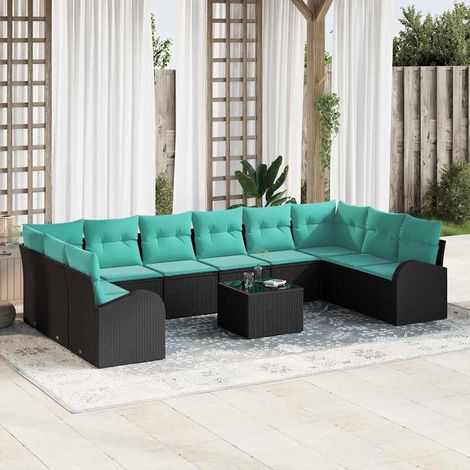 Salon de Jardin 11 Pièces Ensemble Canapé en Résine Tressée Polyrotin Noir et Turquoise - PANGIVO (1/5)