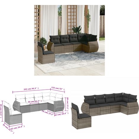 6-tlg. Garten-Sofagarnitur mit Kissen Grau Poly Rattan - Gartenmöbel Set - PE-Rattan Möbel - Outdoor Lounge - Esstischgarnitur - Balkonmöbel - Home & Living (1/3)