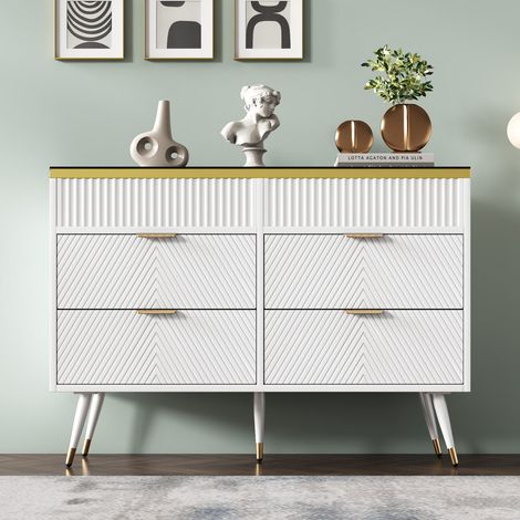 Commode buffet blanche 120 x 40 x 76 cm, 6 tiroirs avec séparateurs, plateau en verre ambré, pieds métal, anti-basculement (1/5)