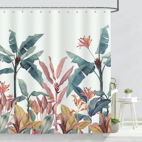 1 Rideau de Douche, Motif Feuilles Tropicales, Tissu Polyester Imperméable, Anti Moisissure, Lavable, Avec 12 Crochets, Pour Salle de Bain