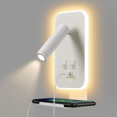 1 LED-Wandleuchte – Leselampe fürs Bett – Ambiente- und Leselicht mit USB-Anschluss und Ablage – Separate Schalter – Verstellbarer Winkel – Für Schlaf- und Wohnzimmer – Weiß – 3 W + 9 W (1/5)