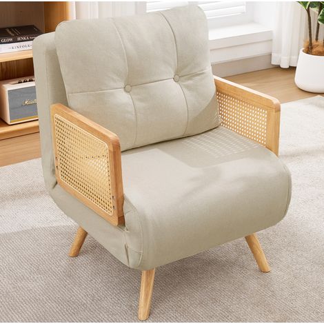 Poltrona convertibile 3 in 1 con schienale reclinabile in 5 posizioni, braccioli in rattan, rivestimento in lino beige (1/5)
