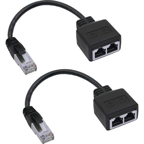Lot de 2 Câble adaptateur RJ45, Connecteur mâle vers 2 femelles, Noir, 22,9cm, Pour commutation réseau ordinateur (1/5)